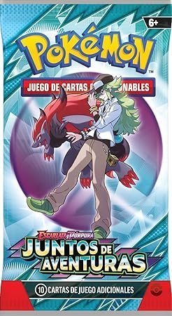 Imagen del producto "Expositor de Sobres de Mejora de Escarlata y Púrpura – Juntos de Aventuras de JCC Pokémon", mostrando una caja de exhibición con ilustraciones vibrantes de personajes Pokémon, ideal para coleccionistas y jugadores del juego de cartas coleccionables.