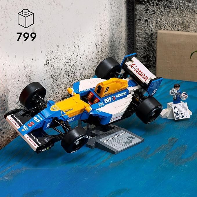 Imagen del set Lego Icons Williams Racing FW14B y Nigel Mansell, maqueta para construir para adultos con minifigura incluida, ideal para fans de la Fórmula 1 y coleccionistas.