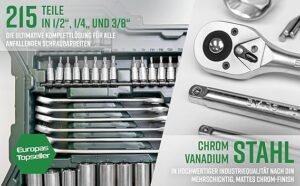 Maletín de herramientas Mannesmann M98430 con 215 piezas, incluye llaves de vaso y accesorios organizados en estuche resistente, ideal para uso profesional y doméstico.