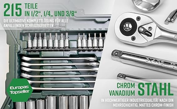 Maletín de herramientas Mannesmann M98430 con 215 piezas, incluye llaves de vaso y accesorios organizados en estuche resistente, ideal para uso profesional y doméstico.