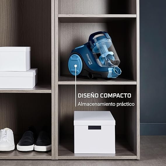 Aspiradora sin bolsa Rowenta Swift Power RO2981 Total Care con sistema ciclónico avanzado y depósito de 1.5 L, diseño compacto en color negro y azul ideal para una limpieza eficiente en todo tipo de superficies.