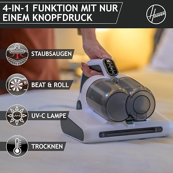 Imagen del aspirador de mano Hoover Ultravortex 2.0, modelo especial para colchones, con diseño compacto y ergonómico en color blanco y gris, tecnología 4 en 1 con sensor de polvo, función antiácaros y antibacterias, ideal para opiniones de usuarios sobre su eficacia en limpieza profunda de tejidos y superficies del hogar.