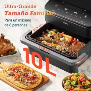 Imagen de la freidora de aire Cosori Dual Blaze TwinFry 10L con diseño moderno y elegante, equipada con doble cesta fusionada, 4 resistencias inteligentes y control de temperatura de 35 a 240?°C, ideal para cocinar sin aceite y obtener resultados saludables y crujientes.