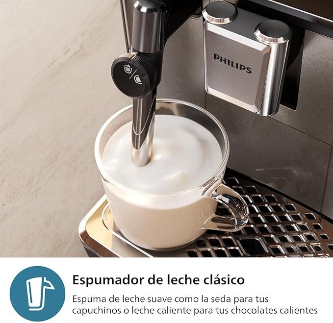 Cafetera PHILIPS Serie 3300 Superautomática con espumador de leche clásico – Vista del diseño moderno y elegante en color negro, ideal para preparar cafés personalizados con solo un toque.