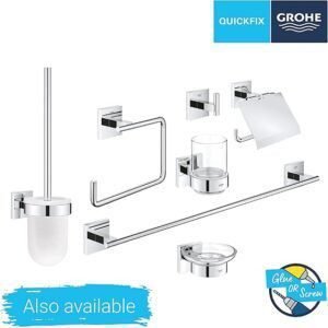 Set de accesorios Grohe Start Cube QuickFix 3-en-1: Portarrollos con tapa, colgador individual y escobillero. ¡Ahorra espacio y dale un toque moderno a tu baño con este práctico set de accesorios!