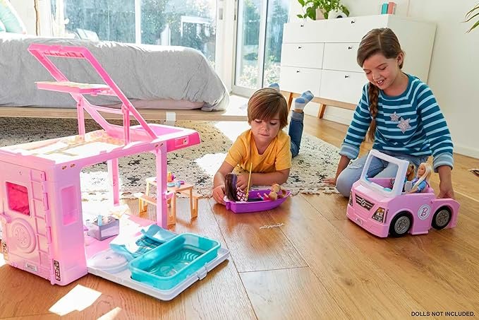 Barbie Caravana DreamCamper 3 en 1: Juguetes icónicos para aventuras únicas