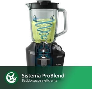 Imagen de la Philips 3000 Series Batidora ProBlend Crush con diseño moderno en color negro, jarra de gran capacidad de hasta 2 litros, sistema ProBlend Crush con cuchillas de alto rendimiento para triturar eficazmente, ideal para smoothies, salsas y uso diario en la cocina.