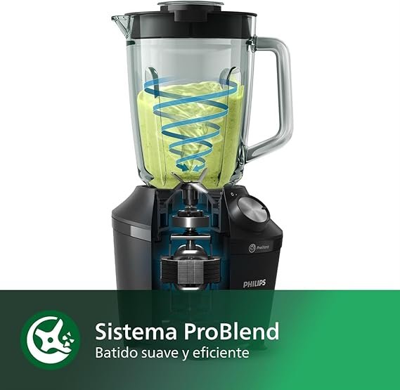 Imagen de la Philips 3000 Series Batidora ProBlend Crush con diseño moderno en color negro, jarra de gran capacidad de hasta 2 litros, sistema ProBlend Crush con cuchillas de alto rendimiento para triturar eficazmente, ideal para smoothies, salsas y uso diario en la cocina.