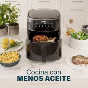 Imagen de la freidora de aire digital Princess con capacidad ajustable de hasta 8 litros, diseño moderno en color negro y pantalla táctil LED; incluye 6 programas preestablecidos para cocinar de forma saludable y sin aceite.