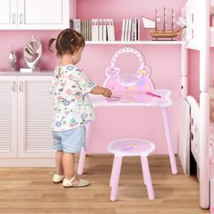 Tocador infantil de madera HOMCOM para niños con espejo y taburete. Perfecto para que los pequeños jueguen a maquillarse. ¡Descúbrelo aquí!