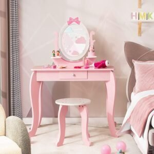 COSTWAY Juego de Tocador de Maquillaje para Niñas, ideal para regalar. Mesa de Maquillaje con Taburete de Madera 2 en 1 y Espejo Ovalado. ¡Compra ahora y sorprende a tu pequeña fashionista!