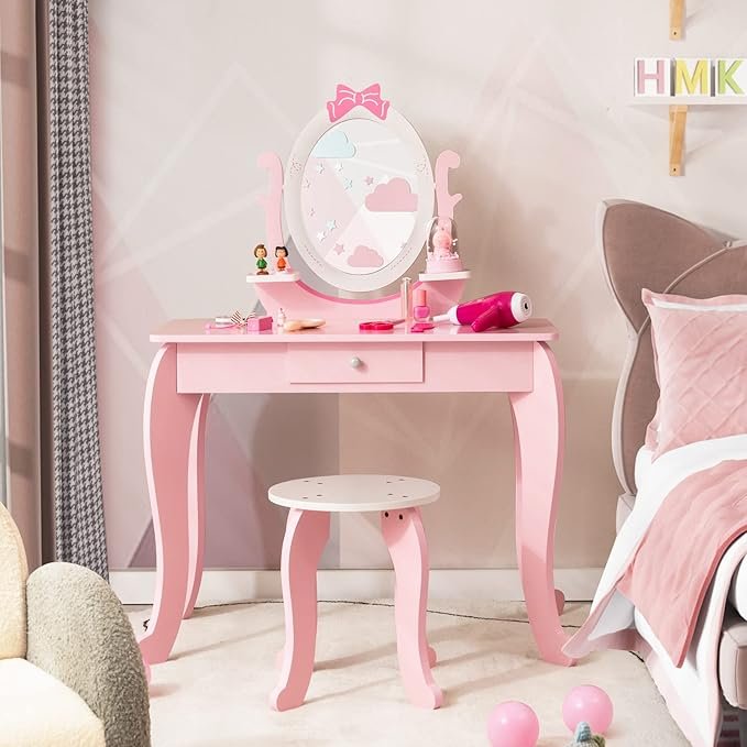 COSTWAY Juego de Tocador de Maquillaje para Niñas, ideal para regalar. Mesa de Maquillaje con Taburete de Madera 2 en 1 y Espejo Ovalado. ¡Compra ahora y sorprende a tu pequeña fashionista!