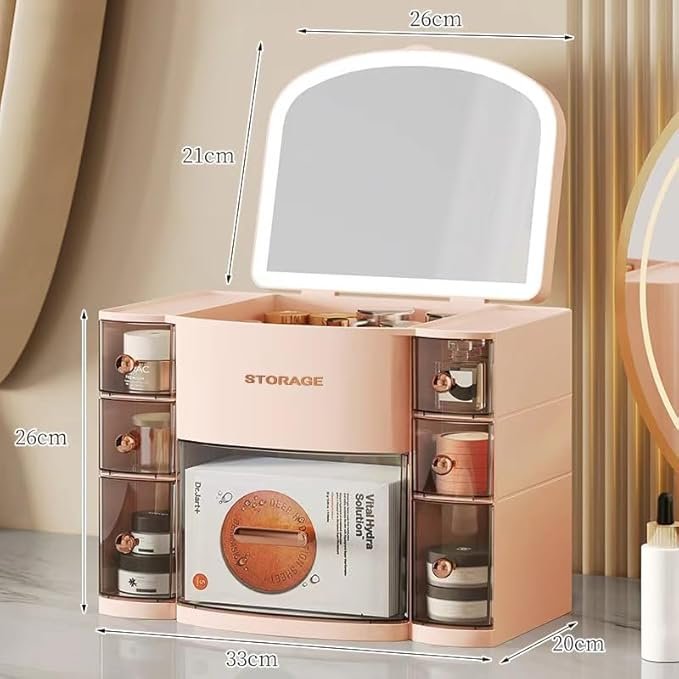 "Caja de cosméticos blanca y beige con cajón de almacenamiento y espejo - Opiniones y descripción detallada del producto"