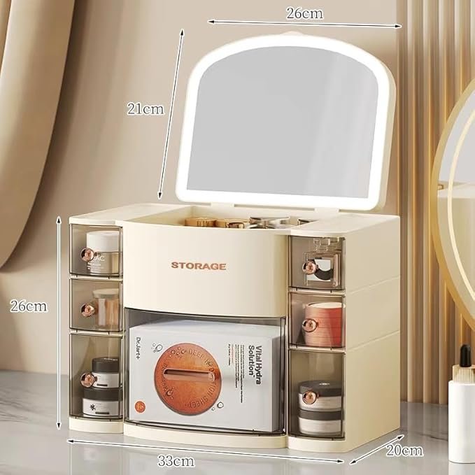 Caja de almacenamiento de cosméticos color crema con cajón y espejo - Opiniones, características y precio. ¡Hazte con la tuya ahora!