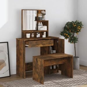 Tocador con espejo y mesa de maquillaje en roble ahumado para dormitorio. Perfecto para tus momentos de belleza y cuidado personal. Con este mueble tendrás todo lo necesario a mano para lucir radiante cada día. ¡No esperes más y hazte con el tuyo!