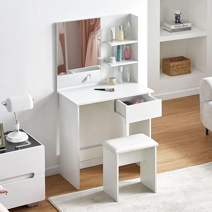 Juego de tocador CLIPOP: mesa con espejo, taburete, cajón y estantes de almacenamiento. Perfecto para tu rutina diaria.