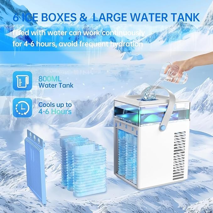 Opiniones Aire Acondicionado Portátil, 800ML Mini Enfriador de Aire Portátil con Control de Aplicación, 4 en 1 USB Recargable con 6 Cajas de Hielo. Aire fresco en cualquier lugar, en cualquier momento. ¡Llévalo contigo!