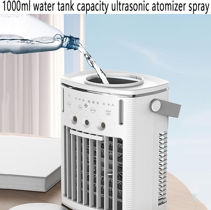 Opiniones Aire Acondicionado Portatil 1000ml con Mando 4 en 1 Mini Aire Acondicionado 3 Velocidades 3 Modos de Nebulización Luz de 7 Colores