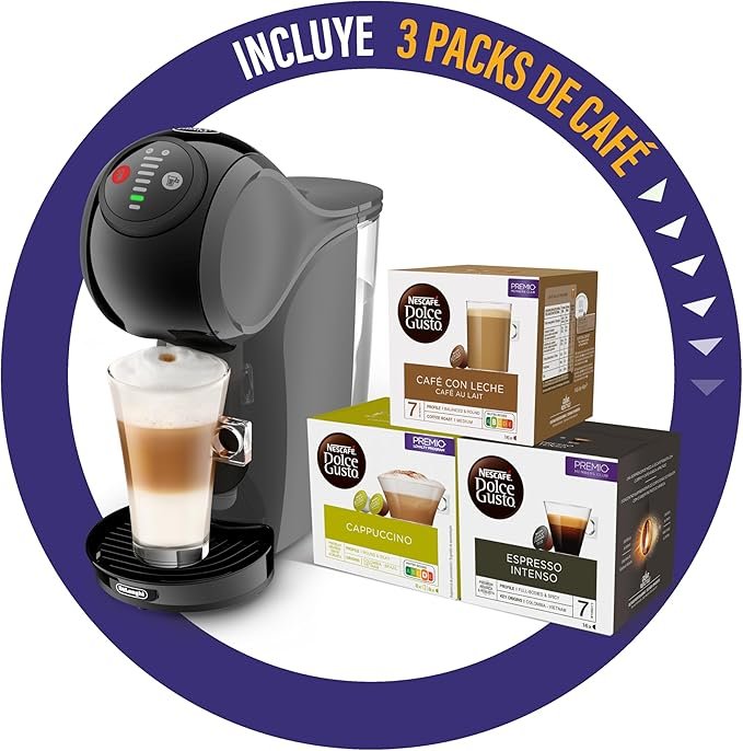 Imagen del producto De'Longhi Dolce Gusto Genio S EDG226.A, máquina de café en cápsulas de diseño compacto y moderno, acompañada por 3 paquetes de cápsulas incluidos, ideal para preparar café de calidad profesional en casa fácilmente.