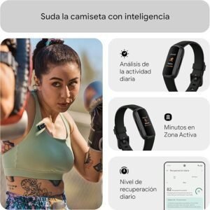 Pulsera Fitbit Inspire 3 color negro mostrando su diseño delgado y pantalla a color, ideal para monitorear salud y actividad física, compatible con Android e iOS.