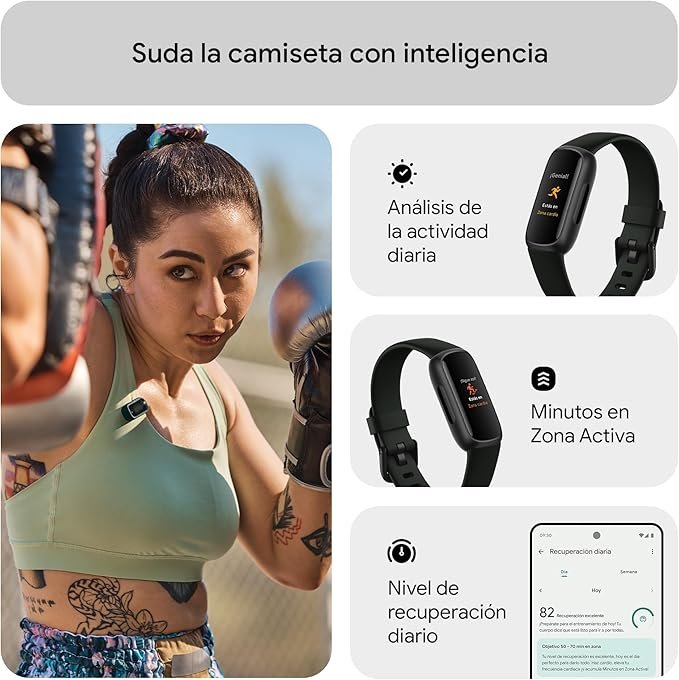 Pulsera Fitbit Inspire 3 color negro mostrando su diseño delgado y pantalla a color, ideal para monitorear salud y actividad física, compatible con Android e iOS.