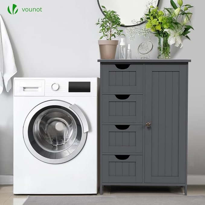 Mueble Baño Armario de Suelo Auxiliar, Cajonera con 4 Cajones Armario con Puerta y Estante Ajustable - Opiniones y Características del Producto