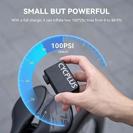 Imagen de la CYCPLUS Tiny E-Pump, una mini bomba de aire eléctrica portátil para bicicleta con capacidad de hasta 100 PSI y batería recargable integrada, ideal para ciclistas que buscan una solución compacta y eficiente para inflar neumáticos en cualquier lugar.