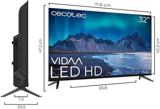 Cecotec Smart TV, Televisor LED de 32 Pulgadas Resolución HD A5 Series ALH50032. Smart TV VIDAA, Sistema Dolby Audio, WiFi Integrado, Salida de Auriculares, Chromecast, 3 HDMI y 2 USB.