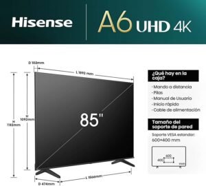 La mejor televisión Hisense 85A6N - UHD 4K,VIDAA Smart TV, 85 Pulgadas, Dolby Vision, Modo Juego Plus, DTS Virtual X, Control por Voz televisor, Doble Control de Volumen. ¡Increíble calidad de imagen y sonido!