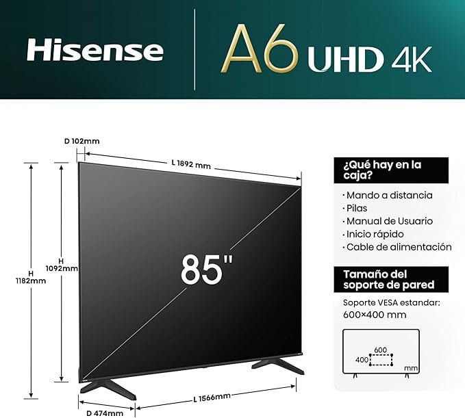 La mejor televisión Hisense 85A6N - UHD 4K,VIDAA Smart TV, 85 Pulgadas, Dolby Vision, Modo Juego Plus, DTS Virtual X, Control por Voz televisor, Doble Control de Volumen. ¡Increíble calidad de imagen y sonido!