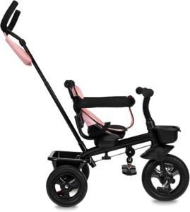 Triciclo Infantil MoMi TELDE 5 en 1 con asiento giratorio 360°, cinturón de seguridad de 3 puntos y diseño multifuncional, ideal para niños pequeños y paseos seguros.