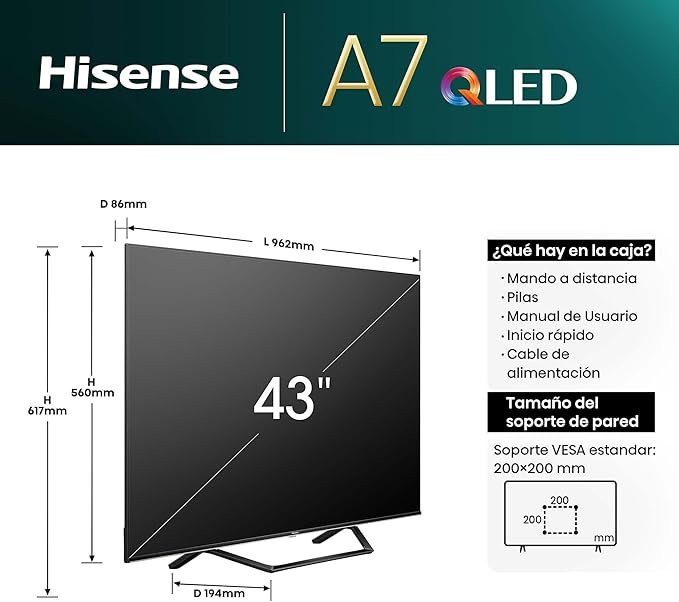 Hisense 43A7NQ - QLED Smart TV, 43 Pulgadas, Quantum Dot Colour, Dolby Vision. Compra ahora y disfruta del mejor entretenimiento en casa.