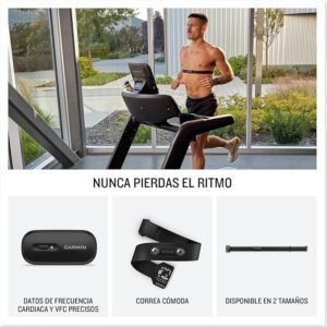 Imagen del monitor de frecuencia cardíaca Garmin HRM-200 con correa ajustable, resistente al agua y lavable a máquina, ideal para entrenamientos precisos y cómodos.