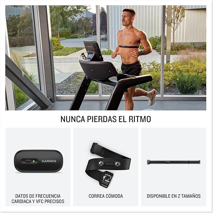 Imagen del monitor de frecuencia cardíaca Garmin HRM-200 con correa ajustable, resistente al agua y lavable a máquina, ideal para entrenamientos precisos y cómodos.