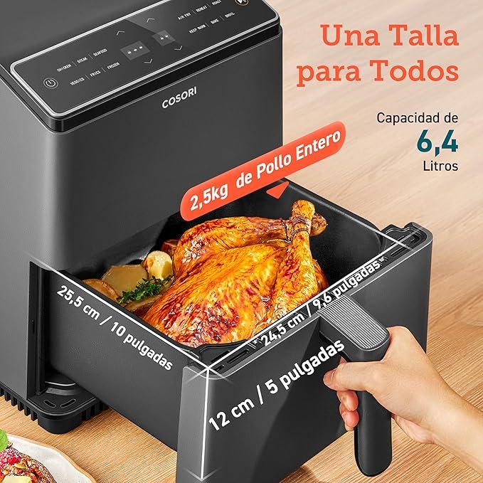 Freidora de aire Cosori 6.4L con doble calefacción - Comparativa de la mejor freidora de aire - Producto de alta calidad para cocinar de forma saludable.