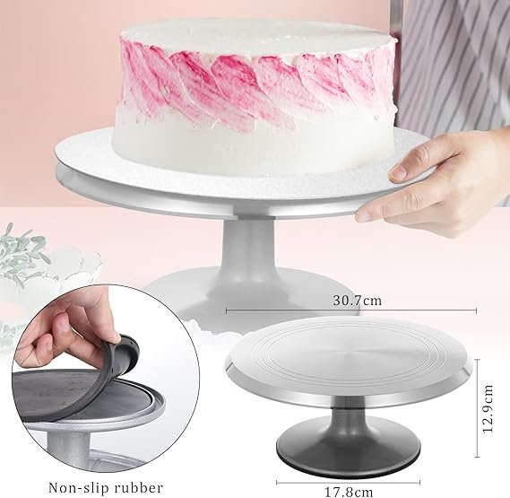 Soporte de aluminio para pasteles de 13 piezas con tocadiscos decorativo giratorio de 12 pulgadas y peine de espátula para glaseado - Set de repostería profesional para decorar pasteles de manera fácil y creativa. Añade un toque de elegancia a tus creaciones culinarias.
