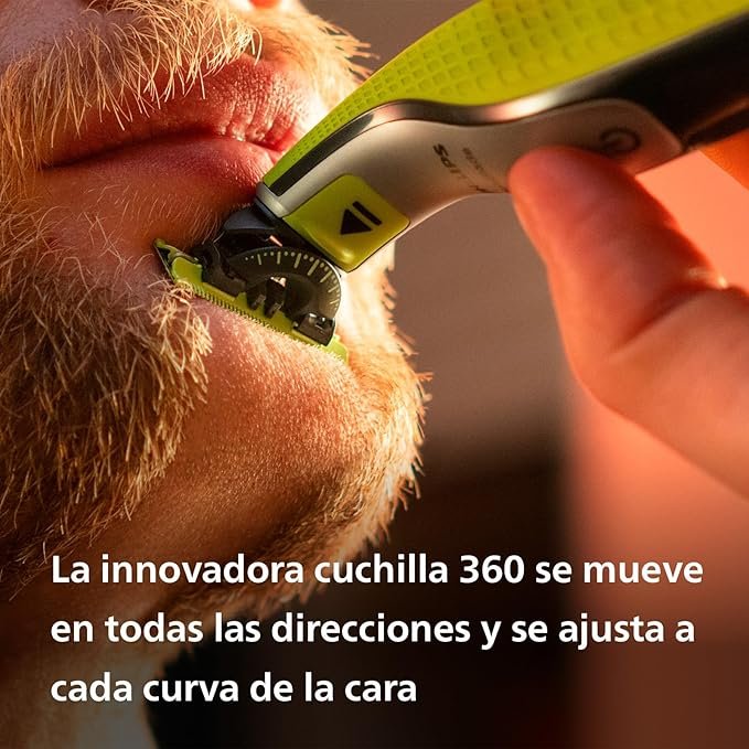 Imagen del Philips OneBlade 360 – Maquinilla de afeitar híbrida eléctrica con cabezal flexible, ideal para recortar, perfilar y afeitar cualquier longitud de vello con precisión. Diseño moderno y ergonómico con cuchilla sustituible y carga rápida, perfecta para el cuidado masculino.