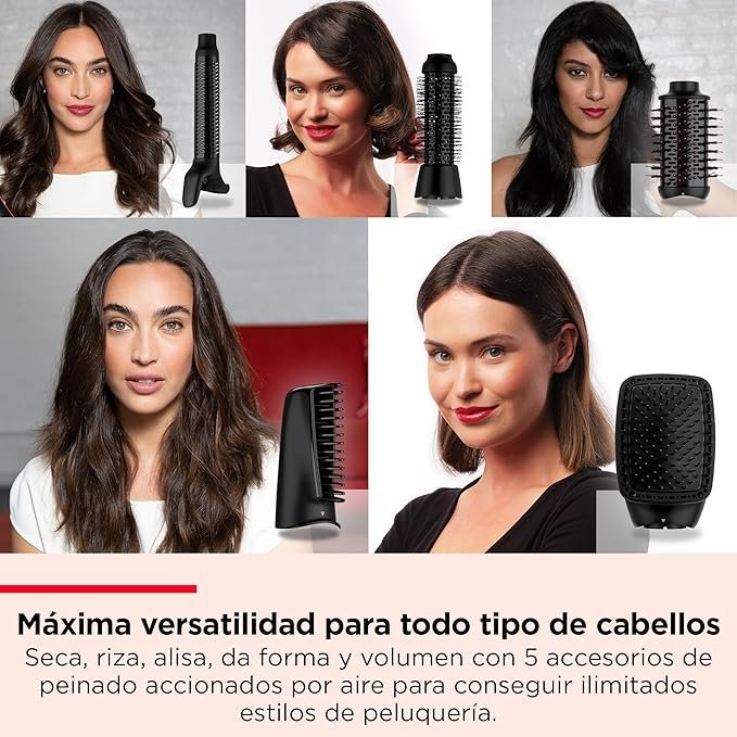 Imagen del secador REVLON One-Step Blow-Dry Multi Air Styler 5 en 1 con diseño ergonómico, cabezales intercambiables y tecnología iónica, ideal para alisar, rizar, dar volumen, secar y estilizar el cabello en un solo paso.