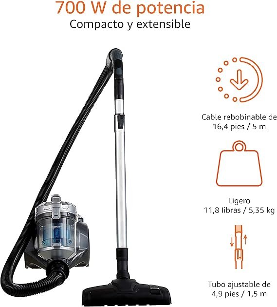 Potente aspirador de cilindro sin bolsa Amazon Basics para suelos duros y alfombras - 700W - Filtro HEPA - Compacto y ligero. Aprovecha esta oferta en Amazon.