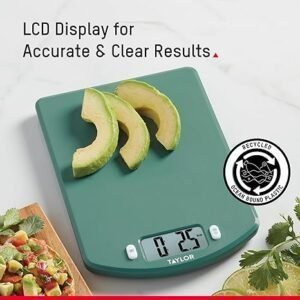 Báscula digital de cocina Taylor de plástico con capacidad de 11 libras, vista frontal del producto ideal para pesar alimentos con precisión en la cocina.
