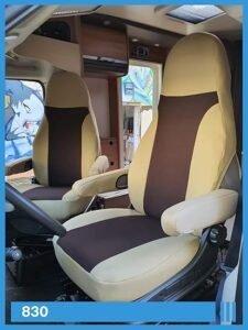 Fundas de asiento para caravanas compatibles con asientos de conductor y copiloto, vista del producto mostrando diseño ajustado, materiales resistentes y acabado de alta calidad.