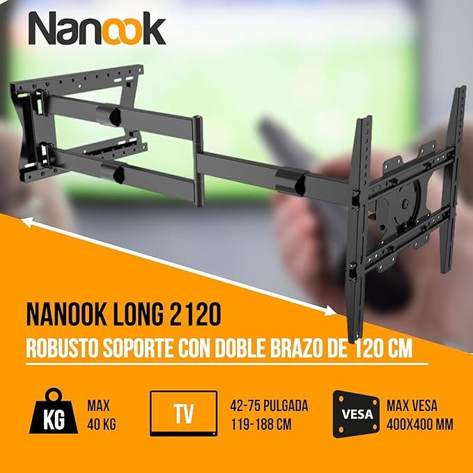 Nanook 2120 Soporte de Pared de Brazo Largo para TV 42 a 75 Pulgadas: Robustez y Movilidad Excepcionales - Soporte de TV resistente con brazo largo para una experiencia de visualización cómoda y versátil. ¡Aprovecha al máximo tu televisor de 42 a 75 pulgadas con este soporte de pared de calidad!