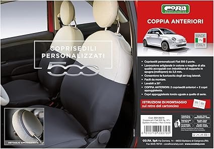 Fundas de asiento delanteras personalizadas CORA para Fiat 500 desde 2007 – diseño ajustado, materiales de alta calidad, protección y estilo para tu coche, opiniones de usuarios satisfechos.
