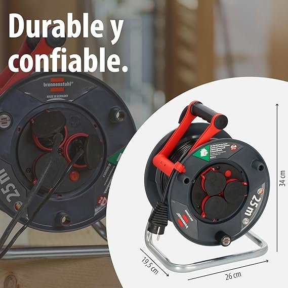 Enrollacables Brennenstuhl Garant V2 IP44 25m para exteriores - Made in Germany. Con 3 tomas de corriente y contacto de puesta a tierra. ¡Calidad y seguridad garantizadas!