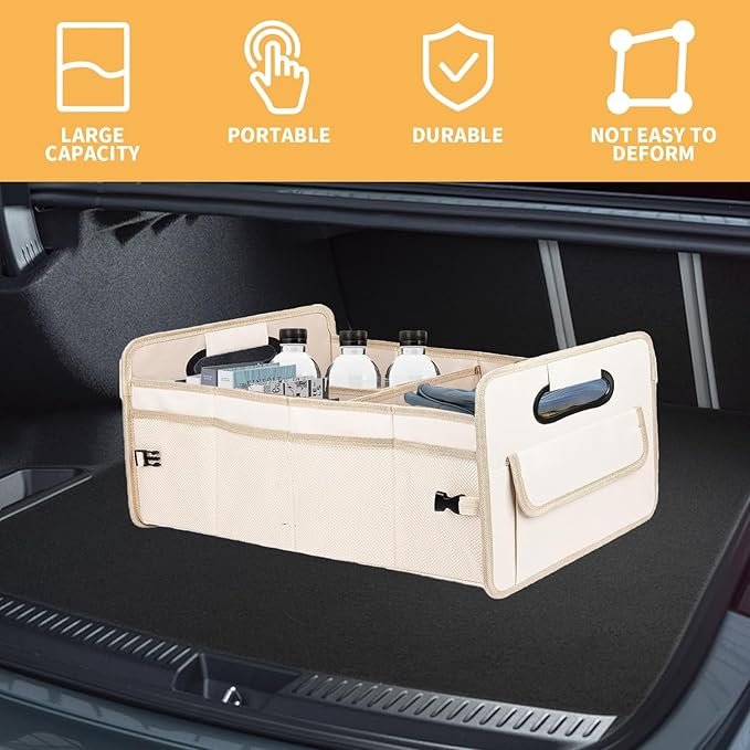 Imagen del organizador de almacenamiento para maletero de coche con 8 bolsillos, diseño plegable, ideal para mantener el maletero ordenado y maximizar el espacio de almacenamiento en vehículos.