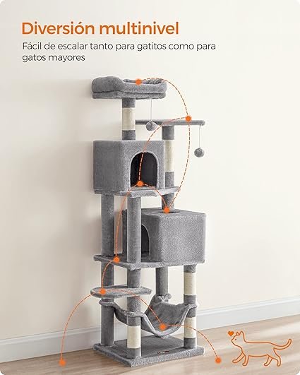 Feandrea Árbol para Gatos: ¡El mejor rascador de 155 cm de altura con 5 postes y 2 plataformas! ¡Compra ahora y ofrece a tu gato la diversión y comodidad que se merece!
