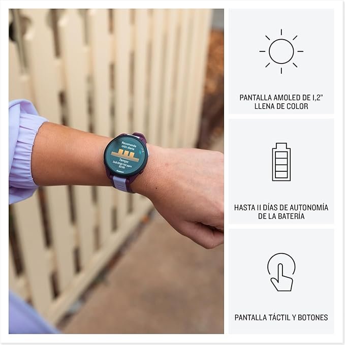 Imagen del Garmin Forerunner 165, reloj inteligente para correr con GPS y pantalla táctil AMOLED, diseño moderno y deportivo ideal para monitorear el rendimiento en tus entrenamientos.