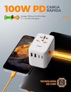 Adaptador Enchufe Universal TESSAN 100W GAN: Cargador de Carga Rápida con USB C y USB A. ¡Obtén el tuyo ahora!