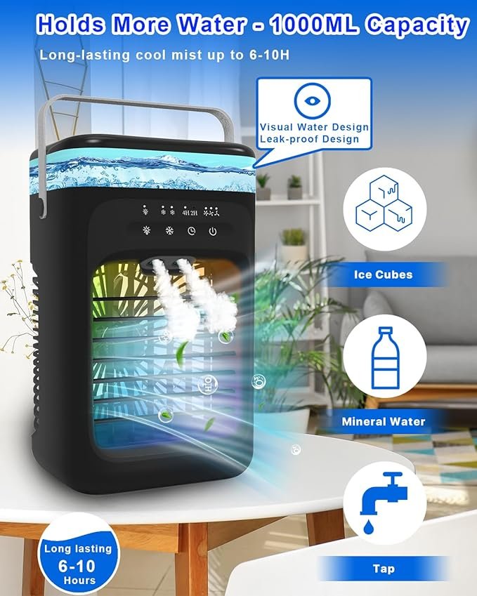 Enfriador de aire portátil - Opiniones Omeyo - Mini aire acondicionado móvil - Modos de función temporizada - Luz RGB 7 LED