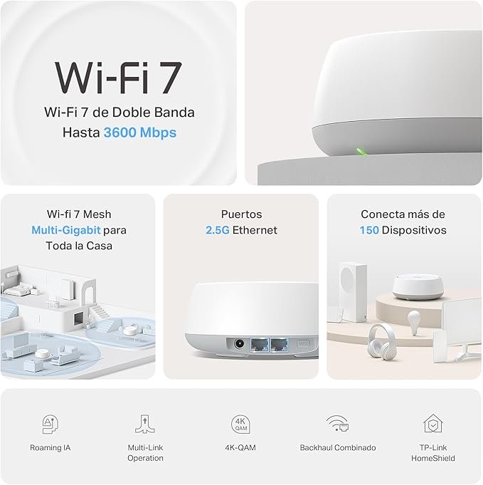 Opiniones TP-Link Deco BE25(3-pack)|Sistema Wi-Fi 7 Mesh BE3600|AI Mesh, Wi-Fi Dual-Banda de 3.6 Gbps - Descubre la mejor conexión Wi-Fi con el TP-Link Deco BE25(3-pack). Con tecnología Mesh de última generación y una velocidad de 3.6 Gbps, disfruta de una conexión estable y rápida en toda tu casa. ¡No esperes más para tener el mejor Wi-Fi! #TP-LinkDeco #Wi-Fi7Mesh #AI-Mesh
